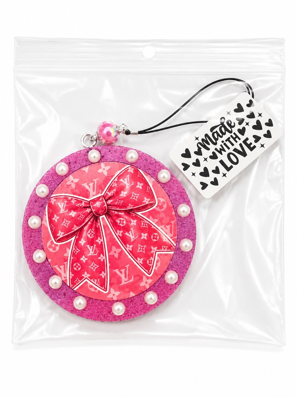 Pink Bow Car Freshie – Pink Sugar Scent – Pearl & Glitter Detail
